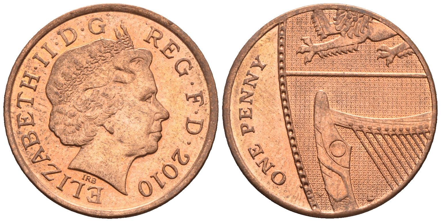 Великобритания 1 пенни 2010 Елизавета II (1952-2022) KM 1107, Spink B6 сталь плакированная медью 4609-712