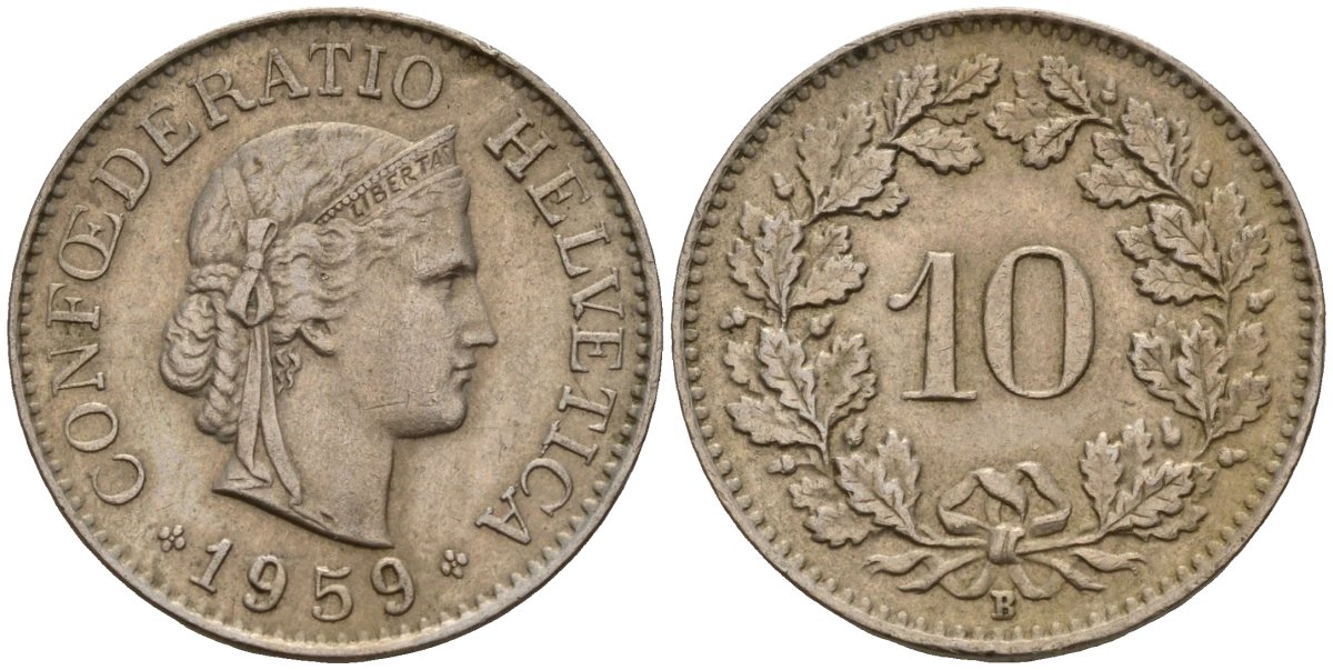Швейцария 10 раппенов 1959 B KM 27 медно-никель 4189-355