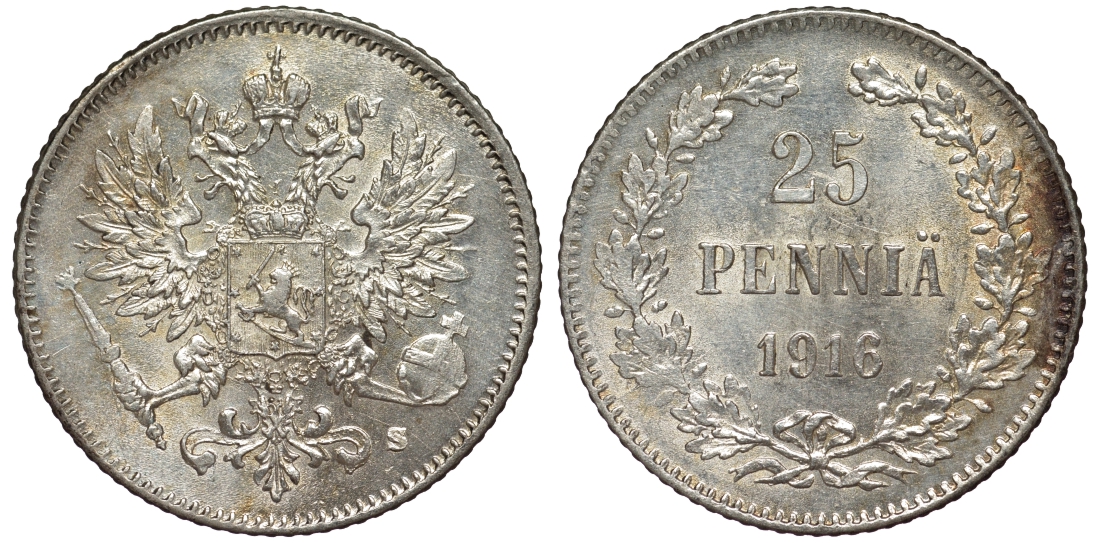 Россия для Финляндии 25 пенни 1916 S, Николай II (1894-1917) KM 6.2, Биткин 421 серебро 75-1264