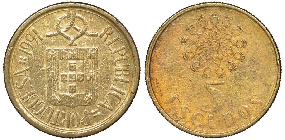 Португалия 5 эскудо 1991 KM 632 никель латунь 51-1732