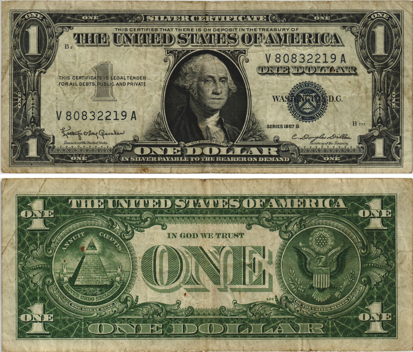 США 1 ДОЛЛАР 1957 В, ВАШИНГТОН, СИНЯЯ ПЕЧАТЬ, V-A Pick 419b бумага 8605-13-1-2