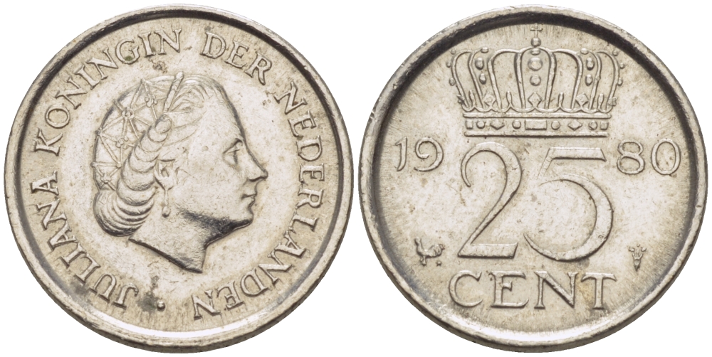 НИДЕРЛАНДЫ 25 ЦЕНТОВ 1980 ЮЛИАНА KM 183 никель 4392-557