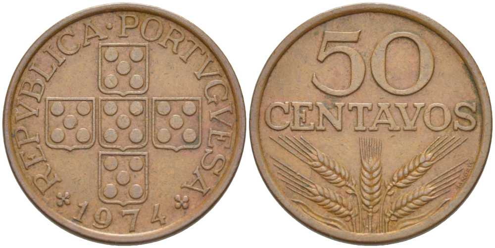 ПОРТУГАЛИЯ 50 СЕНТАВО 1974 KM 596 бронза 213-233