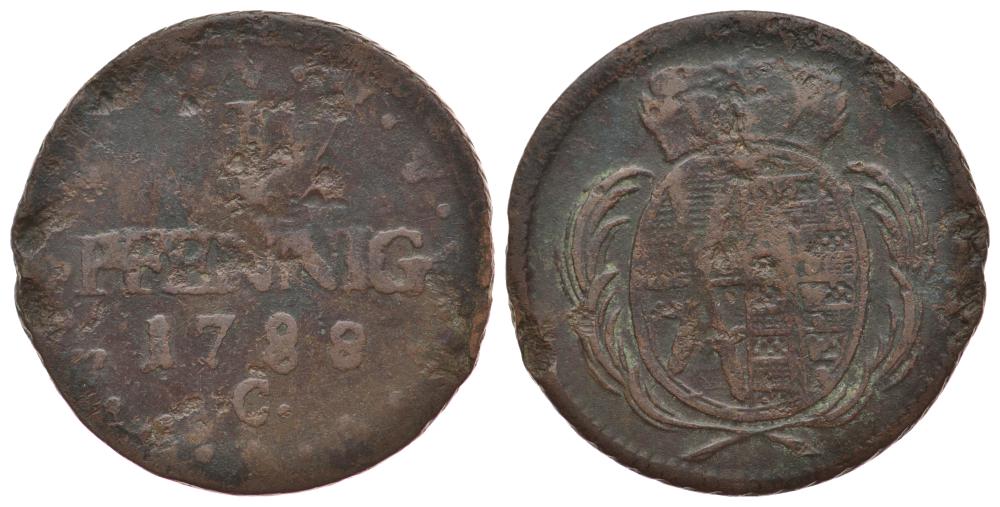Саксония 1 пфенниг 1788 C KM 1000 (C 91) медь 413-5845