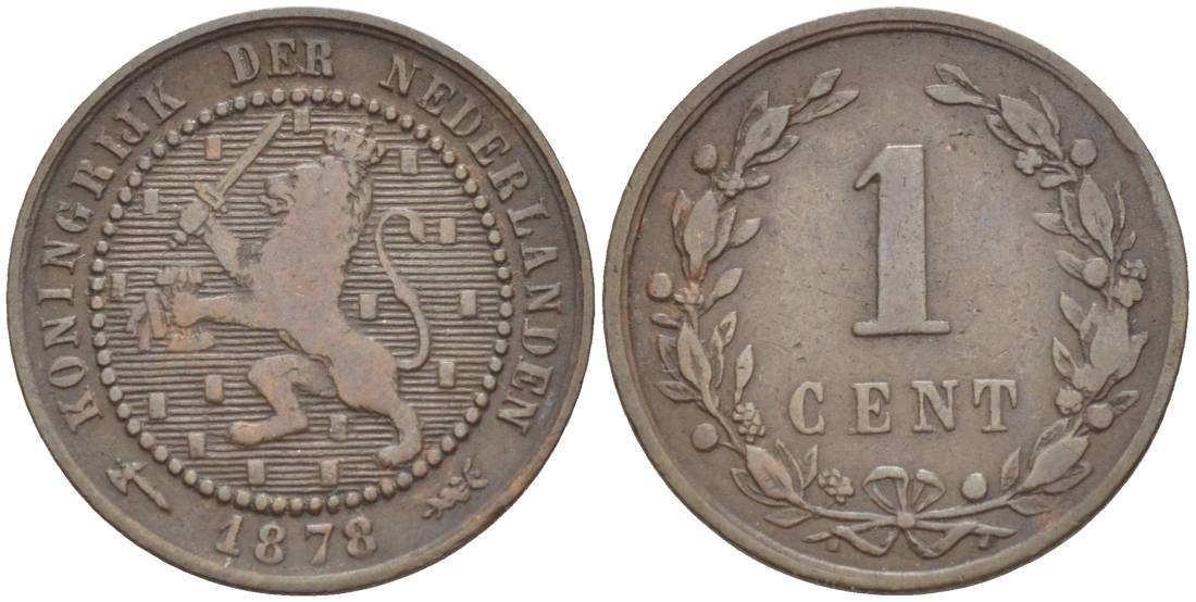 Нидерланды 1 цент 1878 Виллем III (1849-1890) KM 107 бронза 4547-1256