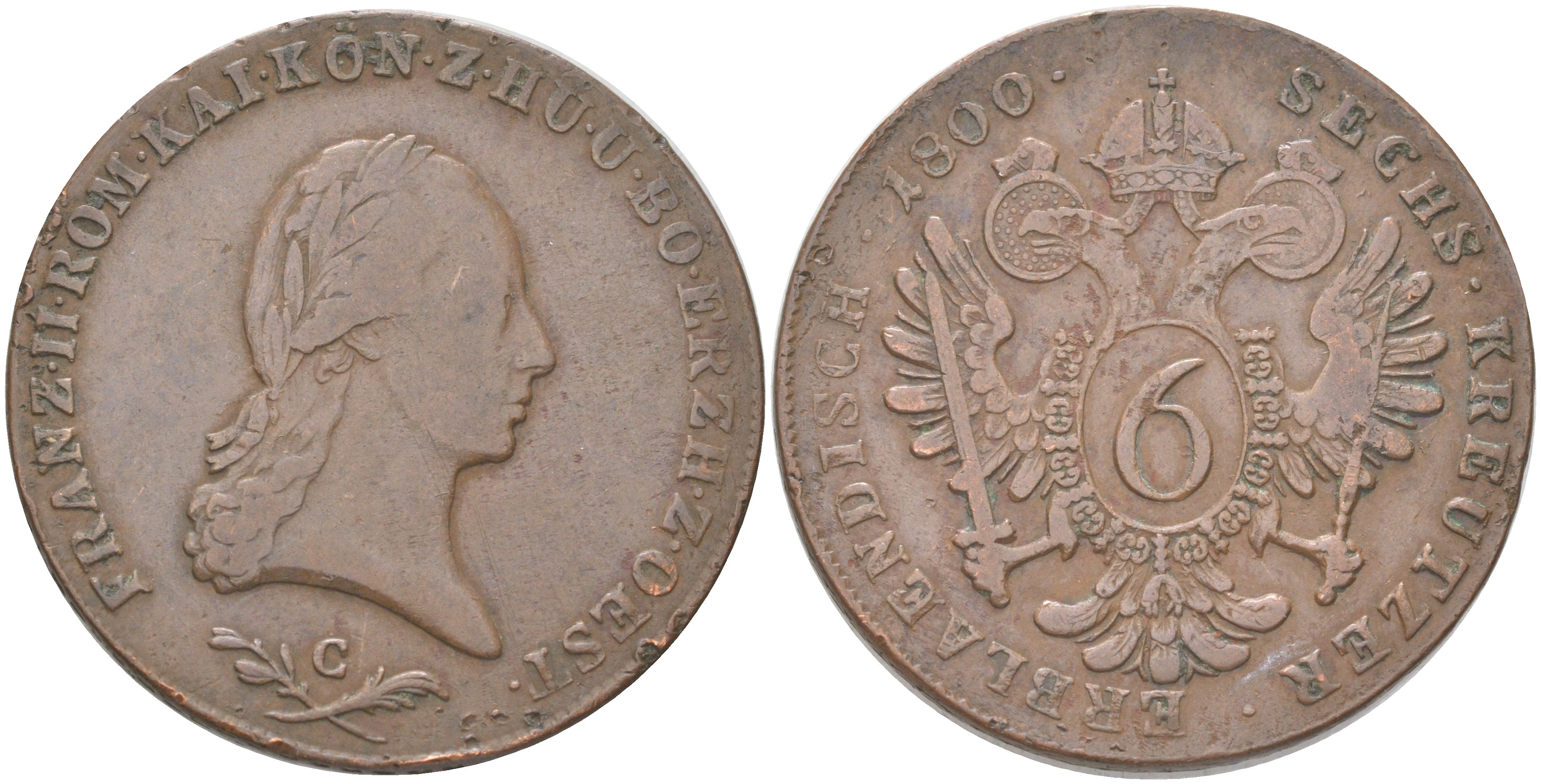 Австрия 6 крейцеров 1800 C, редкий монетный двор, Франц II (Франц Иосиф Карл) (1792-1806) KM 2128 медь 4157-1234