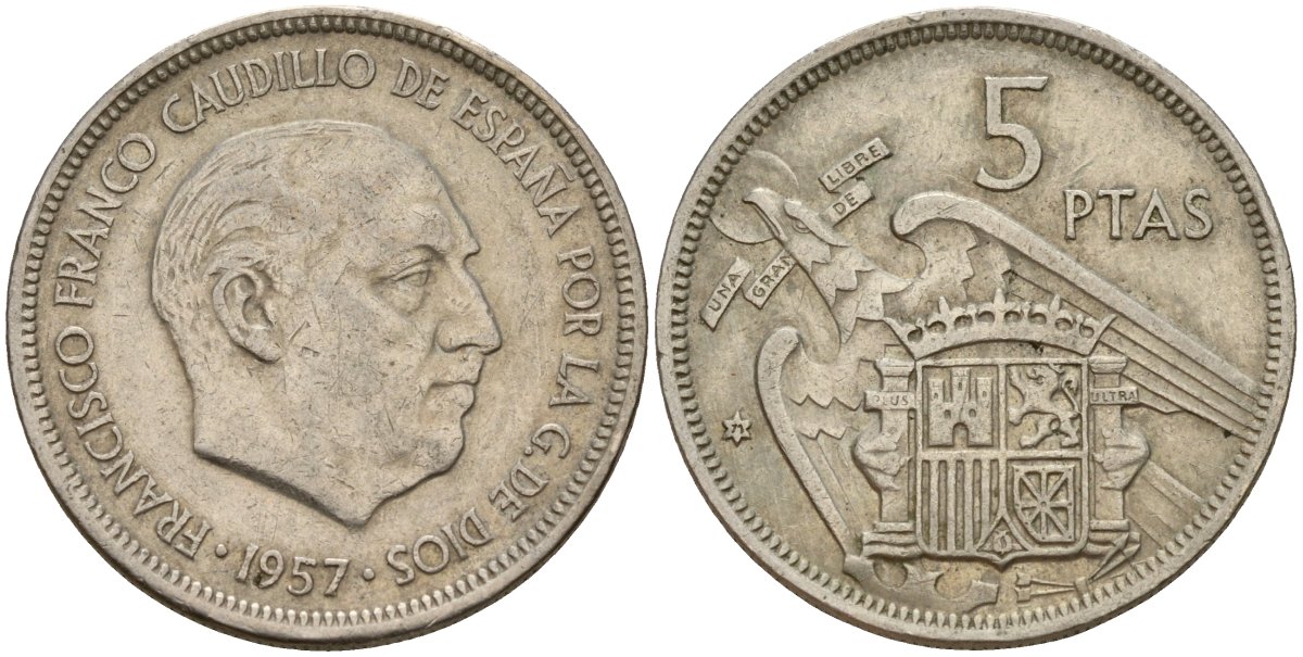 Испания 5 песет 1957 (71) Франсиско Франко (1939 - 1975) KM 786 медно-никель 4187-1133