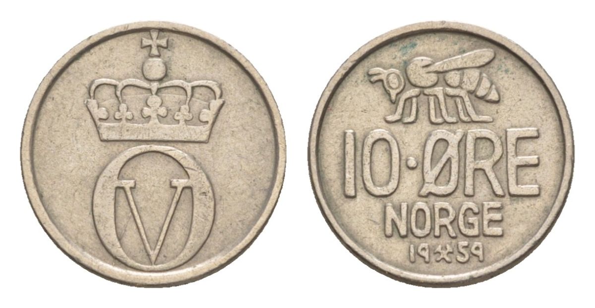 Норвегия 10 эре 1959 Улаф V (1957-1991) KM 411 медно-никель 4632-1145