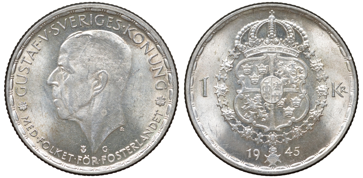Швеция 1 крона 1945 G, Густав V (1907-1950) KM 814 серебро 4178-713