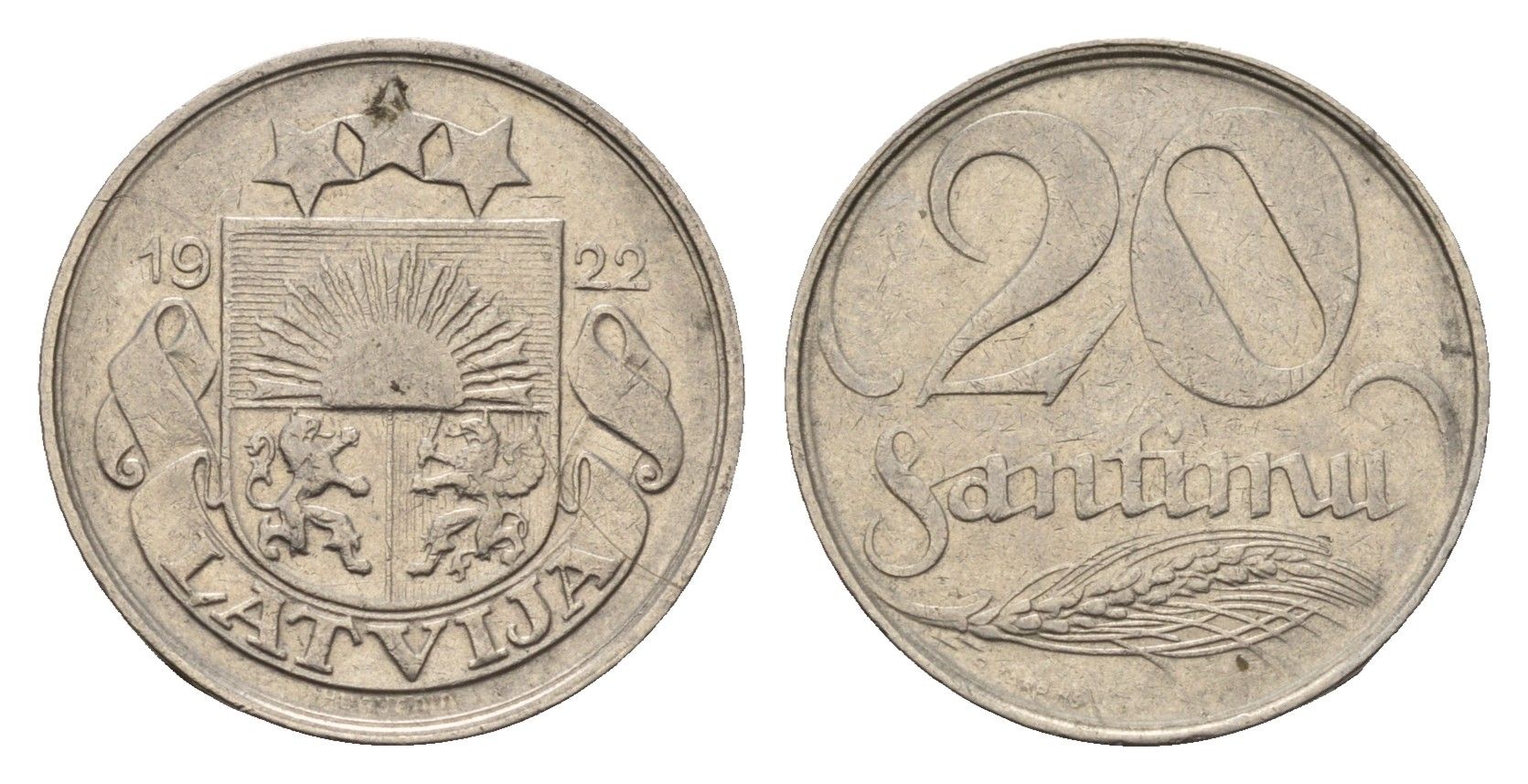 Латвия 20 сантимов 1922 год-тип KM 5 никель 4655-756