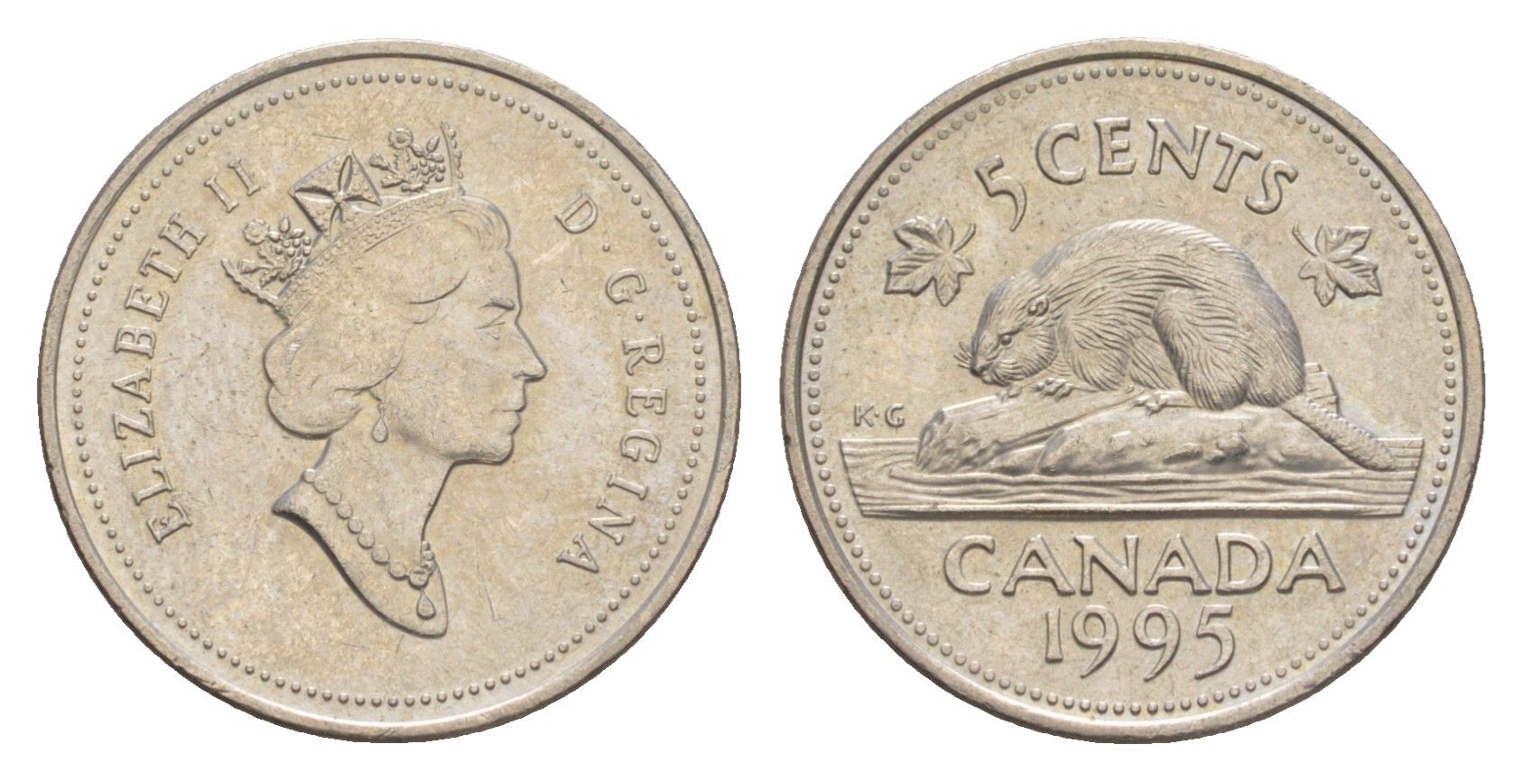 Канада 5 центов 1995 Елизавета II (1952-2022), бобр KM 182 медно-никель 4639-523