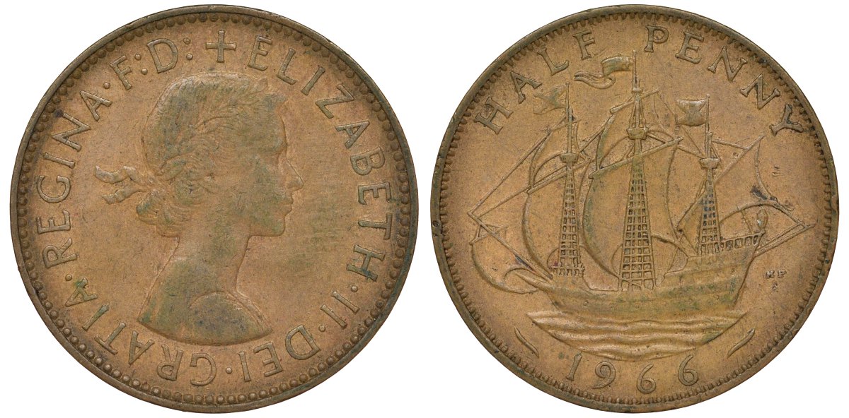 Великобритания 1/2 пенни 1966 Елизавета II (1952-2022) KM 896, Spink 4158 бронза 72-242