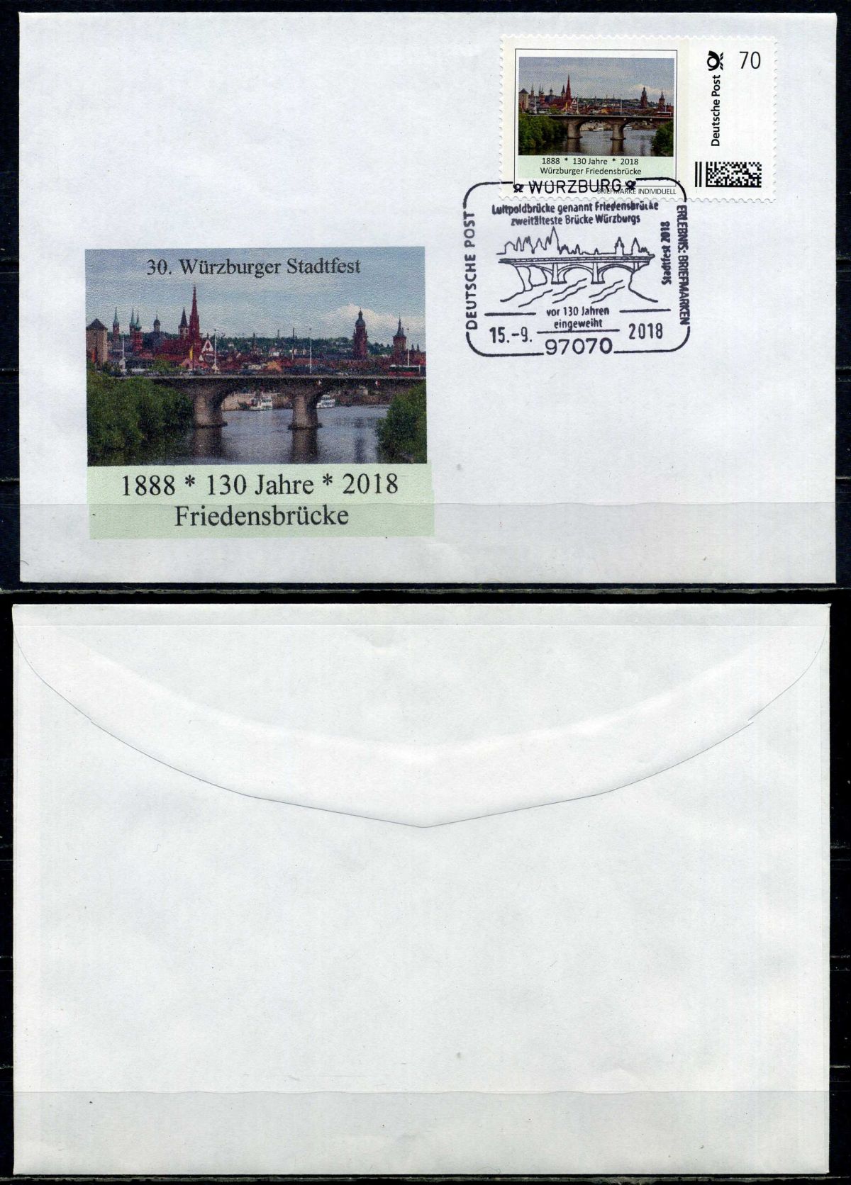 Германия конверт с маркой первого дня гашения 2018 130 лет строительства, Мост Мира (Вюрцбург) бумага 6294-81-1-2