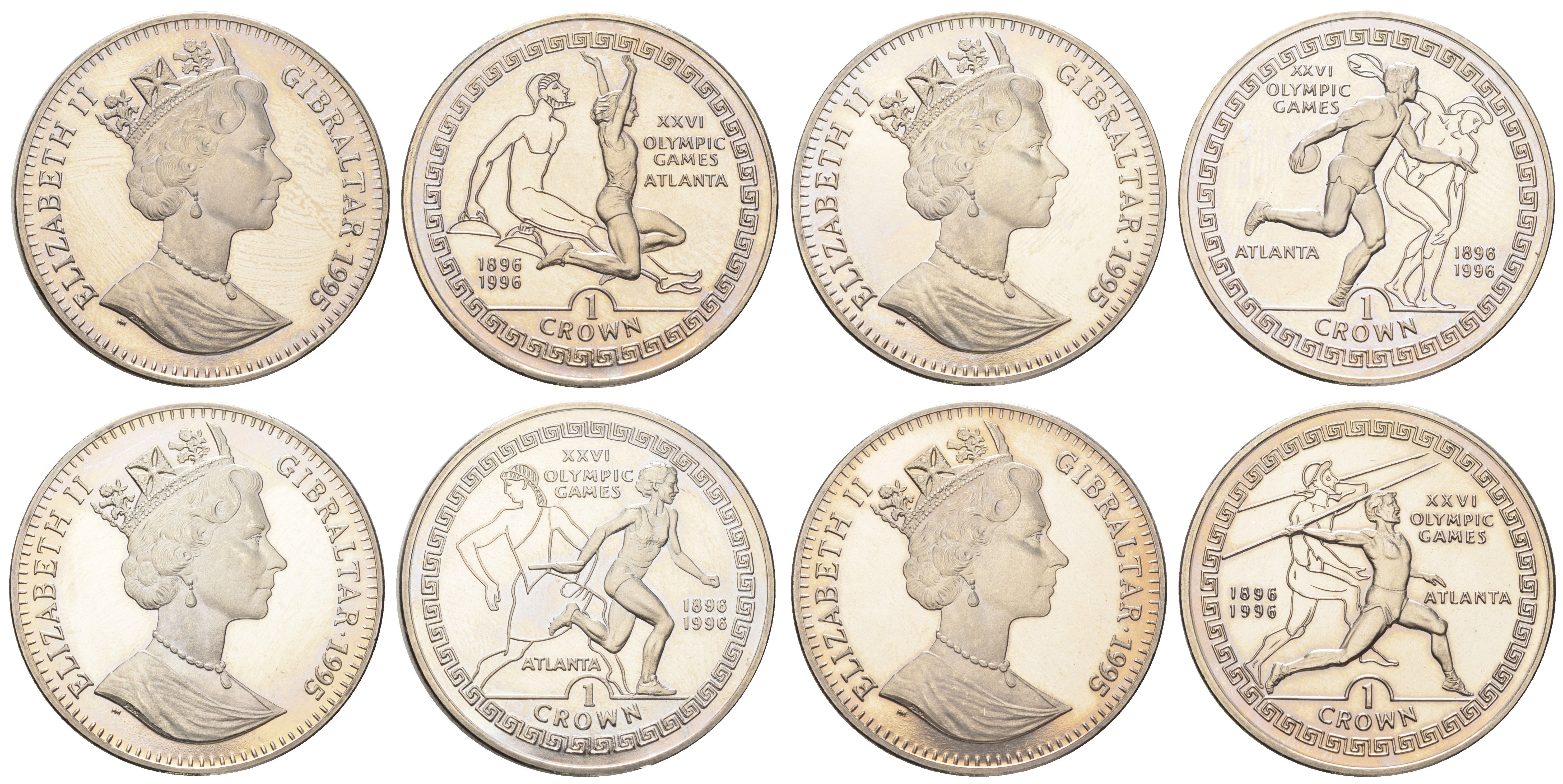 Гибралтар полный набор из 4 монет (1 крона) 1995 XXVI Летние Олимпийские игры, Атланта 1996 KM 299, 300, 301 и 302 медно-никель BU 1524-1742-1745