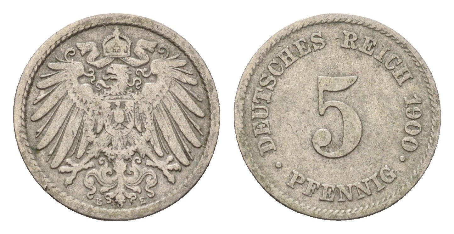 Германия 5 пфеннигов 1900 E, Вильгельм II (1888-1918) KM 11, J. 12 медно-никель 4632-1129
