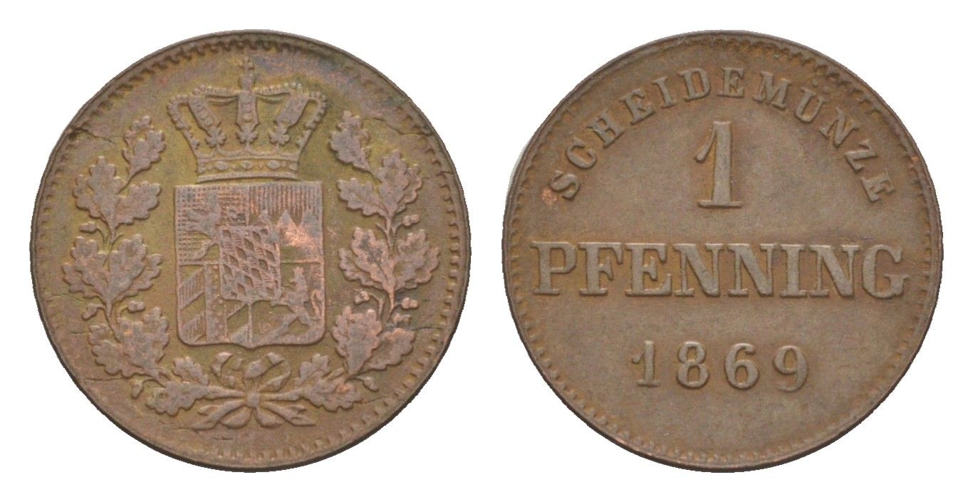 Бавария 1 пфенниг 1869 Людвиг II (1864-1886) KM 856 медь 4649-464