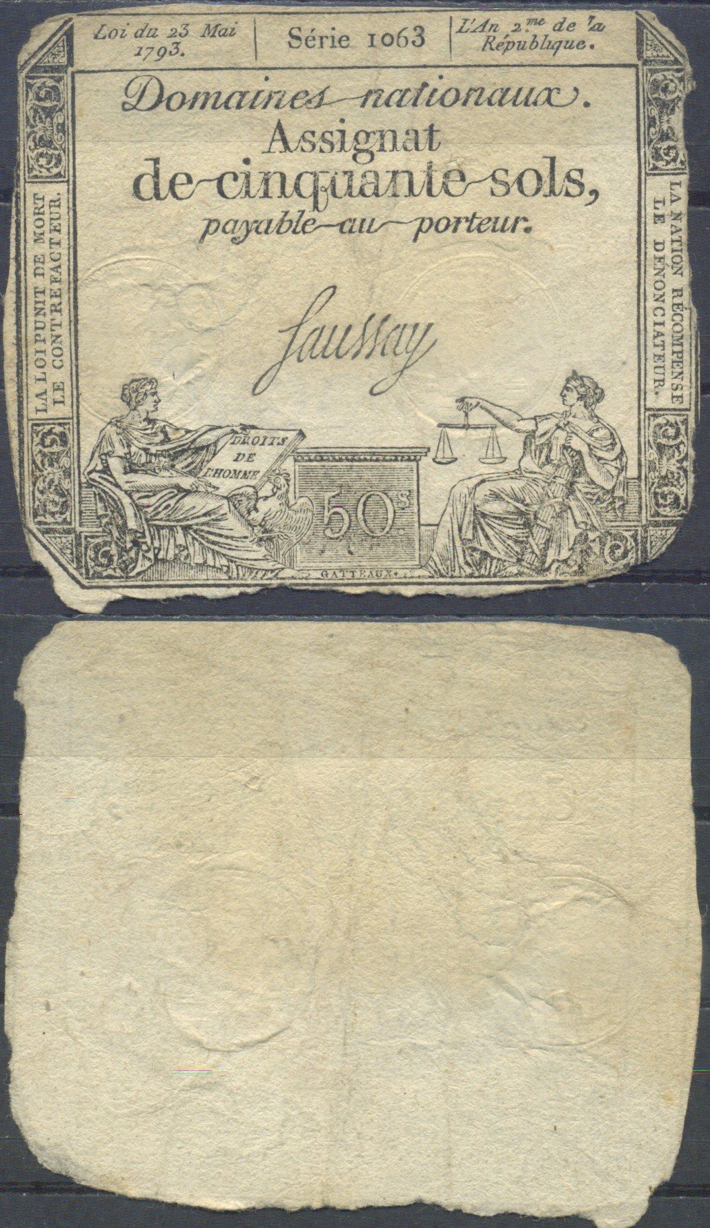 Франция 50 солей 1793 Pick A70 бумага 6285-27-3-2