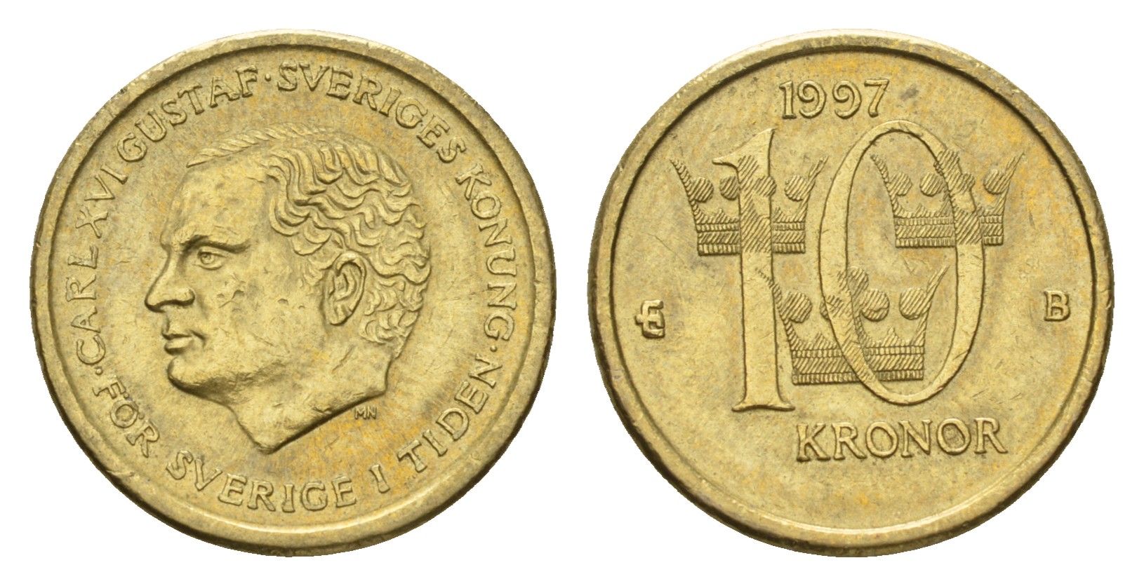 Швеция 10 крон 1997 Карл XVI Густав (1973-), редкий год KM 877 нордик 4657-1213