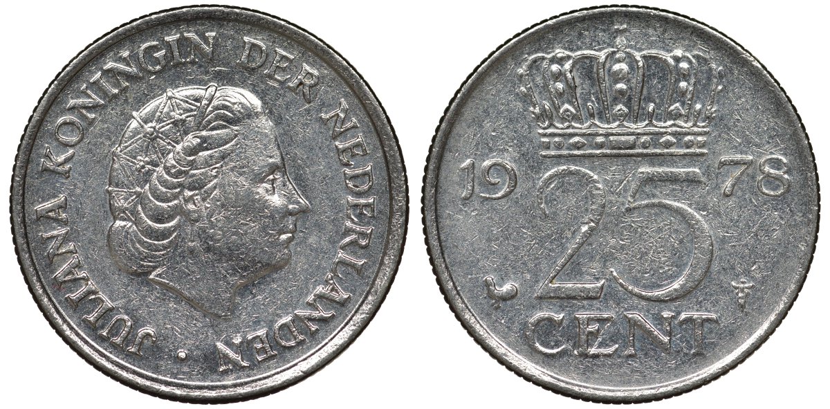 Нидерланды 25 центов 1978 Юлиана (1948-1980) KM 183 никель 4122-123