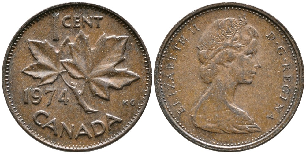 Канада 1 цент 1974 Елизавета II (1952-2022), кленовый лист KM 59.1 бронза 4528-739