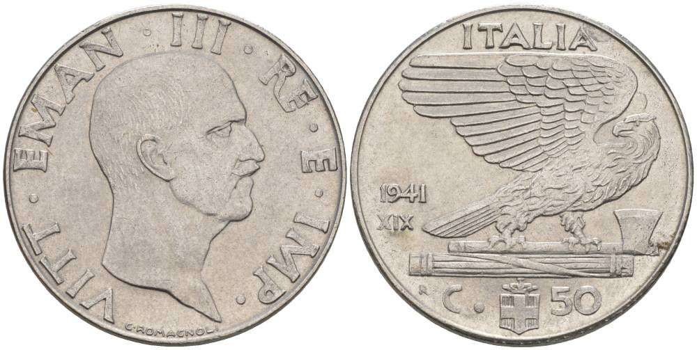 ИТАЛИЯ 50 ЧЕНТЕЗИМО 1941 R, ГОД XIX, ВИКТОР ЭММАНУИЛ III (1900-1946) KM 76b, VEM3. 1063 нержавеющая сталь 3853-334