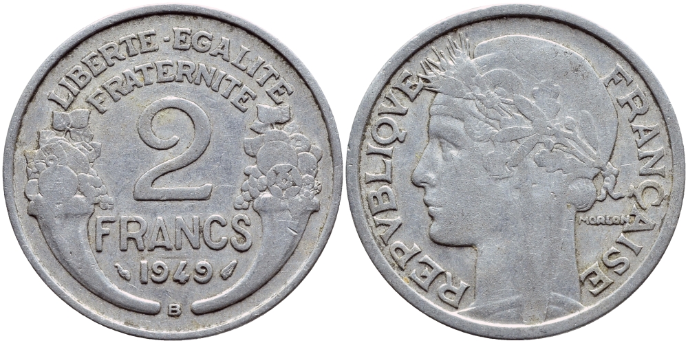 Франция 2 франка 1949 В, тип Morlon KM 886а.2, Le Franc 269.15 алюминий 4397-753