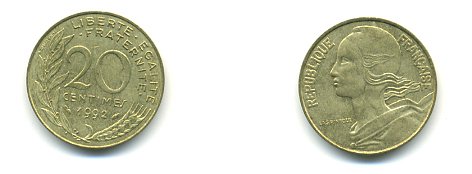 ФРАНЦИЯ 20 САНТИМОВ 1992 KM 930 медь алюминий никель 54-2133