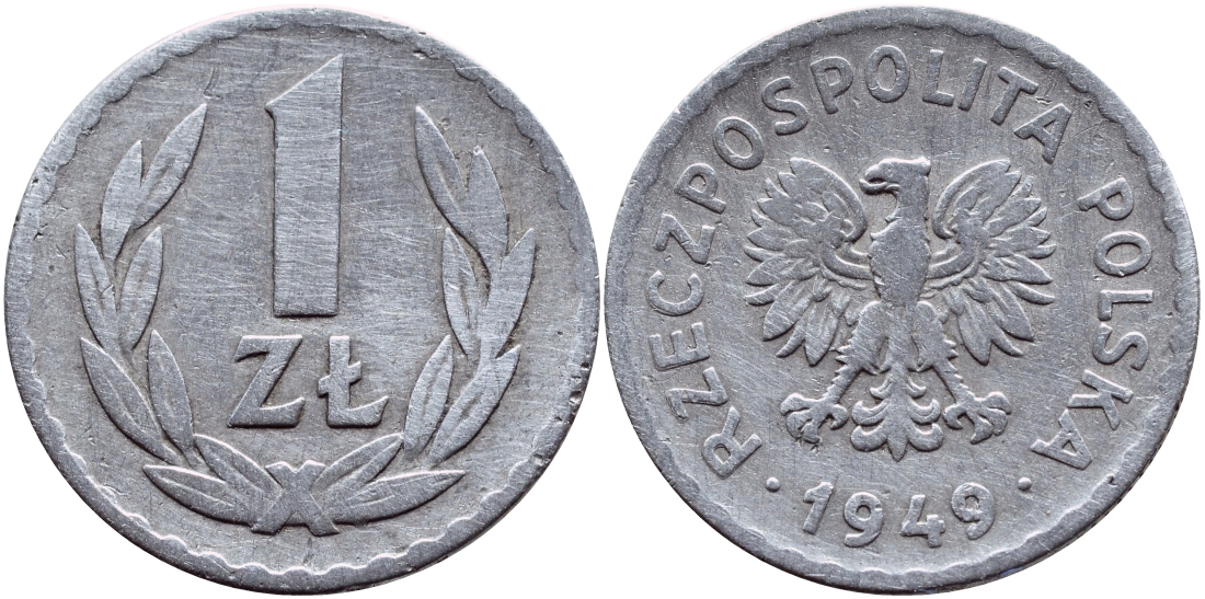 ПОЛЬША 1 ЗЛОТЫЙ 1949 KM 45а алюминий 4390-354