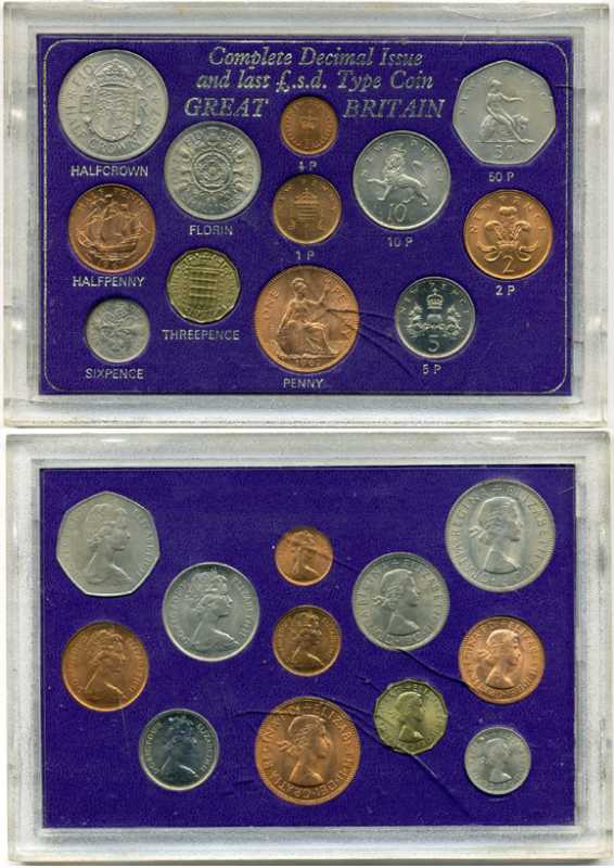Великобритания набор из 12 монет 1967-1977 переход с двенадцатеричной денежной системы на десятичную, в пластиковой упаковке UNC 3-6-4-6