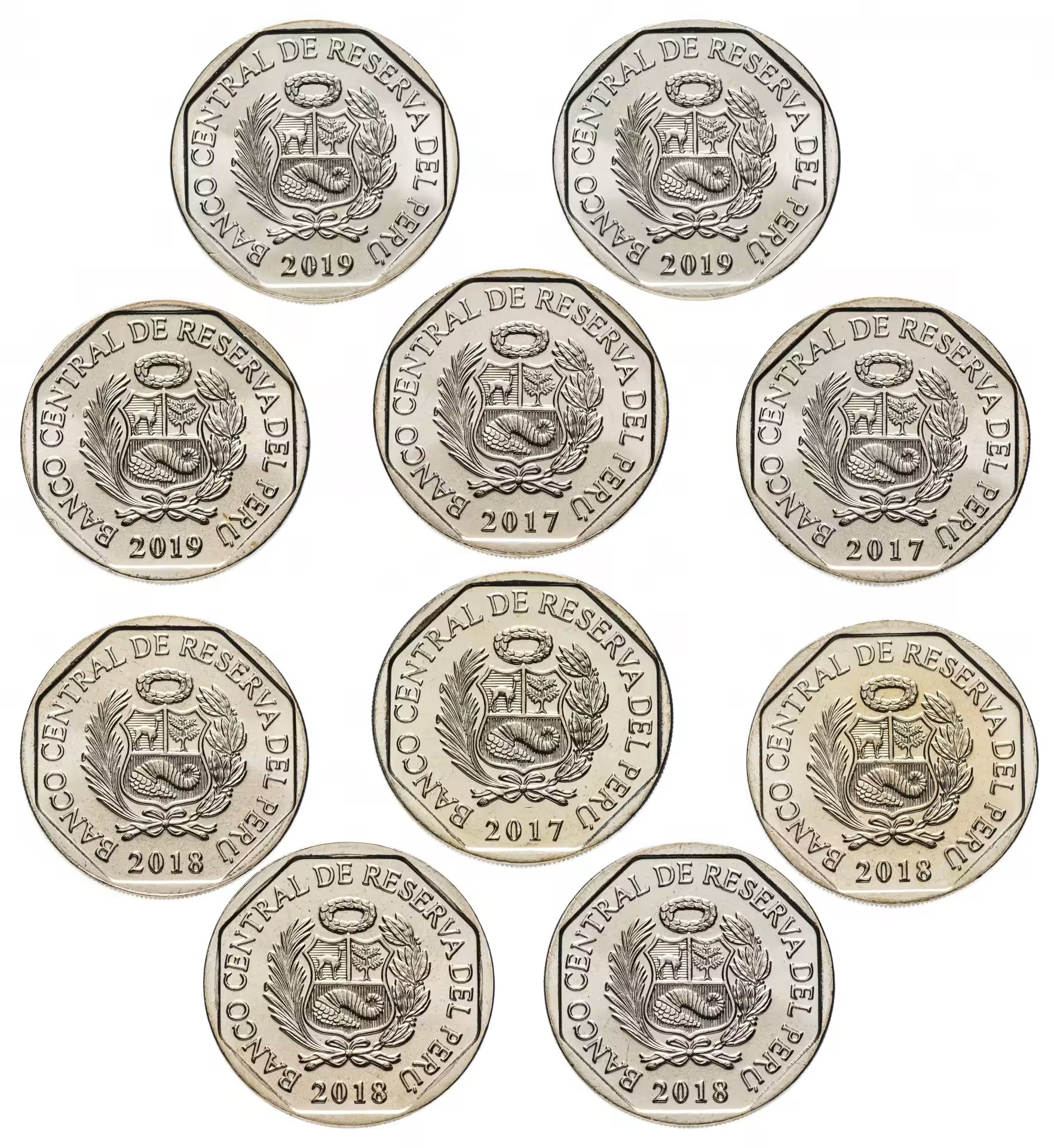 Перу лот из 10 монет по 1 соль 2017-2019 вымирающие дикие животные Перу  медь никель цинк  UNC  M67-14