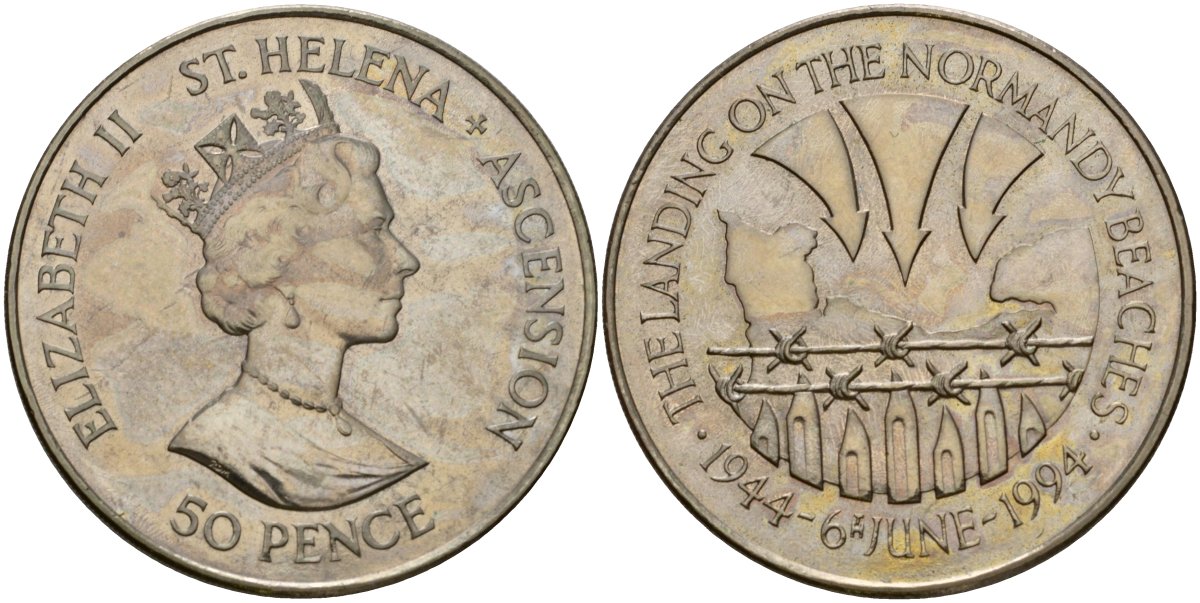 Острова Святой Елены и Вознесения 50 пенсов 1994 50 лет высадке в Нормандии 6 июня KM 19 медно-никель 4125-922