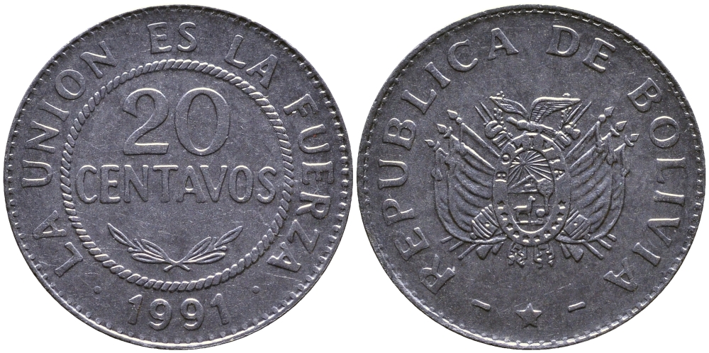 БОЛИВИЯ 20 СЕНТАВО 1991 KM 203 нержавеющая сталь UNC 4388-125