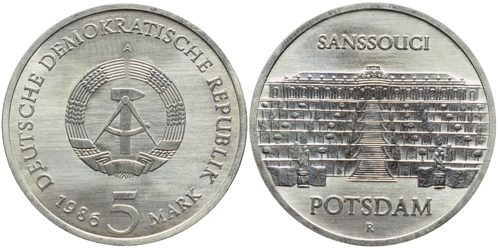 ГДР 5 марок 1986 A, Потсдам, дворец Сан-Суси КМ 110 медно-никель UNC 4394-226