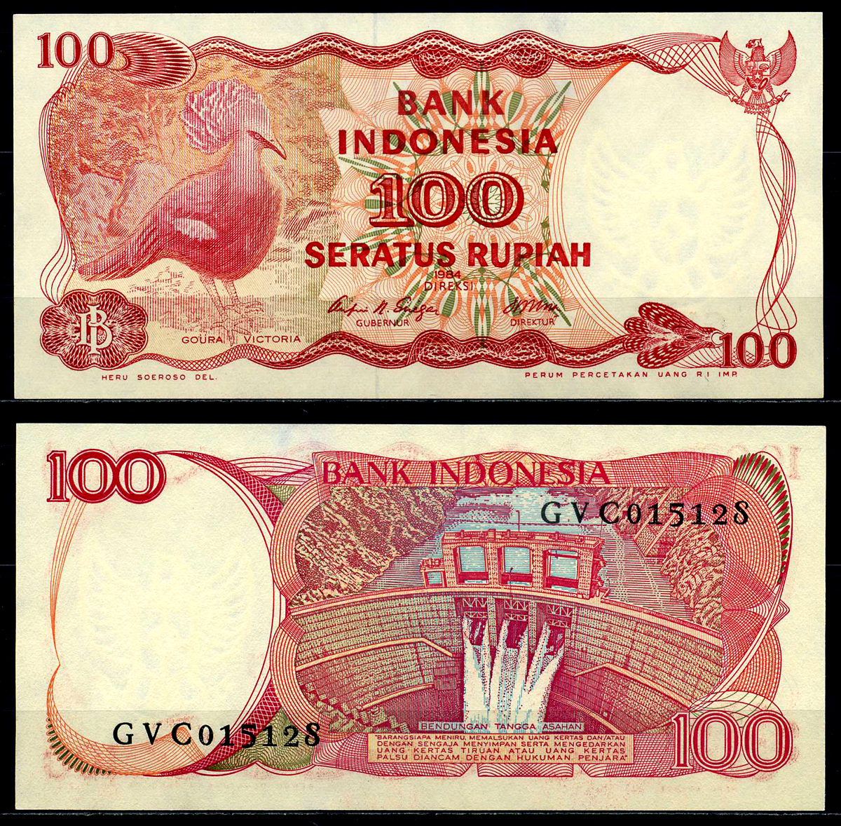 Индонезия 100 рупий 1984 венценосный голубь, дамба Асахана Pick 122a бумага UNC (пресс) 446-24-3
