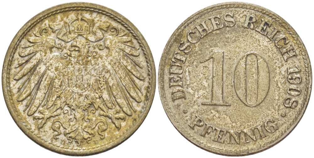 ГЕРМАНИЯ 10 ПФЕННИГОВ 1908 D KM 12, J. 13, Weege 8 медно-никель 212-124
