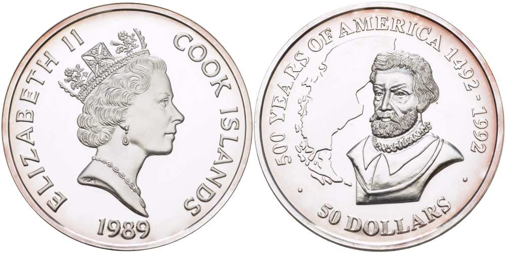 Острова Кука 50 долларов 1989 серия 500 лет открытия Америке (1492-1992), Фернан Магеллан, первое кругосветное путешествие KM 49 серебро PROOF 1085-7-62
