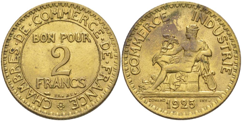 ФРАНЦИЯ 2 ФРАНКА 1925 ТИП CHAMBRES DE COMMERCE KM 877, LE FRANC 267.7 алюминиевая бронза 69-1221