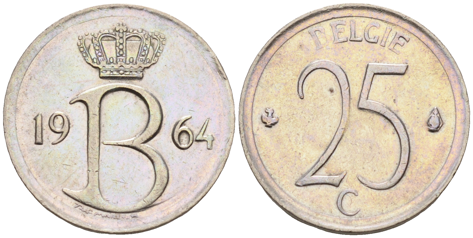 Бельгия 25 сантимов 1964 Belgie, Бодуэн I (1951-1993) KM 154.1 медно-никель 4588-462