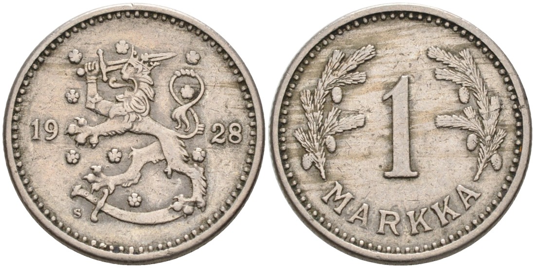 ФИНЛЯНДИЯ 1 МАРКА 1928 S KM 30 медно-никель 4563-625