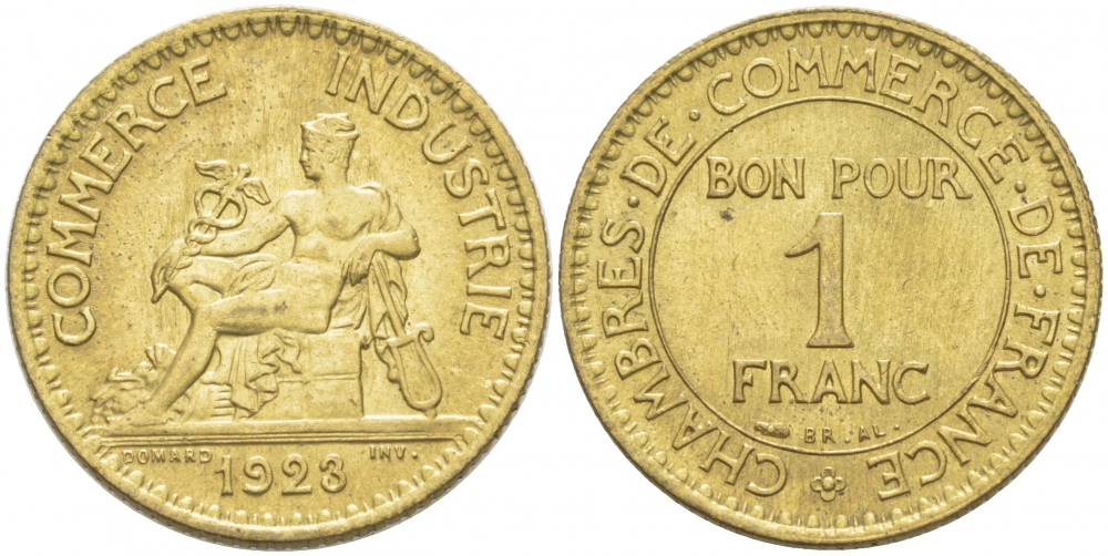 ФРАНЦИЯ 1 ФРАНК 1923 CHAMBRES DE COMMERCE KM 876, LE FRANC 218.5 алюминиевая бронза UNC 77-914