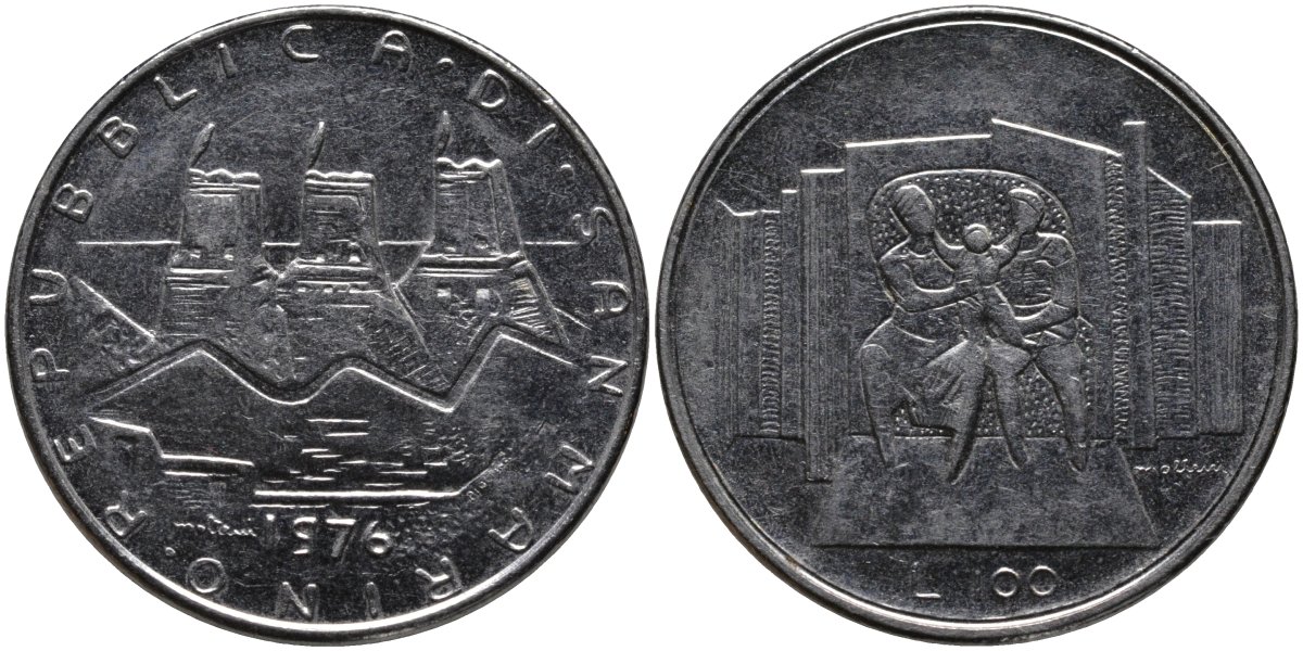 Сан-Марино 100 лир 1976 семья KM 57 нержавеющая сталь UNC 4593-1236