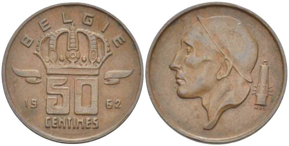 БЕЛЬГИЯ 50 САНТИМОВ 1962 BELGIE, БОДУЭН I (1951-1993) KM 149.1 бронза 214-165