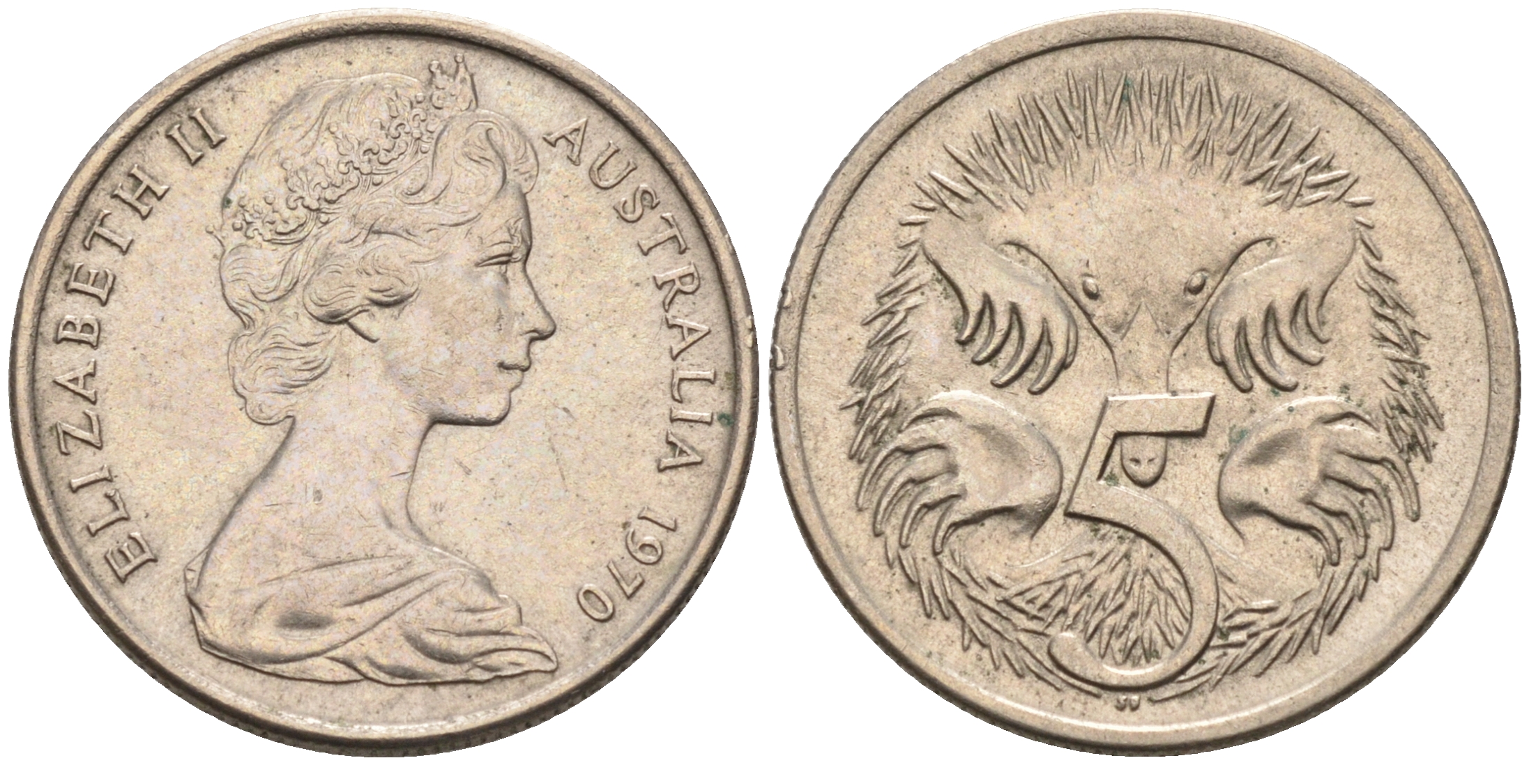 АВСТРАЛИЯ 5 ЦЕНТОВ 1970 ЕЛИЗАВЕТА II, МОЛОДОЙ ПОРТРЕТ, ЕХИДНА KM 64 медно-никель 4564-1153
