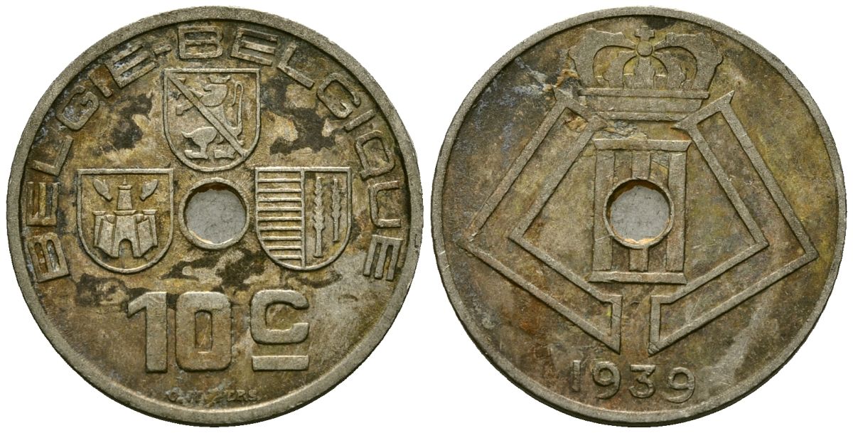 Бельгия 10 сантимов 1939 Belgie - Belgique KM 113 никель латунь 4121-752