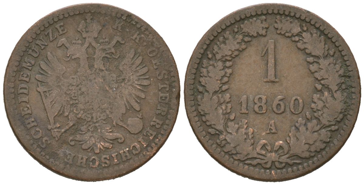 Австрия 1 крейцер 1860 A, Франц Иосиф I (1848-1916) KM 2186 медь 4615-553