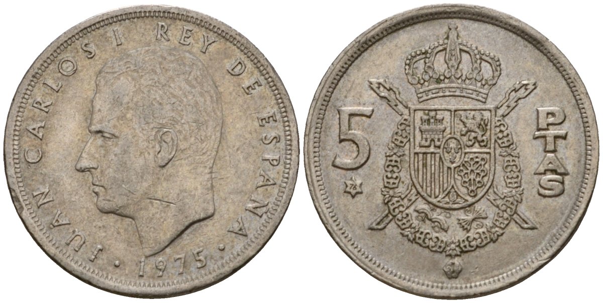 Испания 5 песет 1975 (76) Хуан Карлос I (1975-2014) KM 807 медно-никель 186-1135