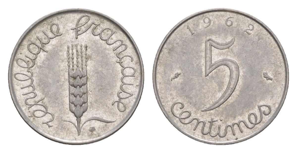 Франция 5 сантимов 1962 пятая республика KM 927, Le Franc 124.4 нержавеющая сталь aUNC 4630-316