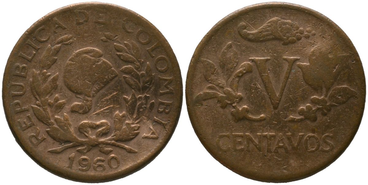 Колумбия 5 сентаво 1960 KM 206, Schon 27, Hernandez 382, Restrepo 370.23 медь 4576-1237