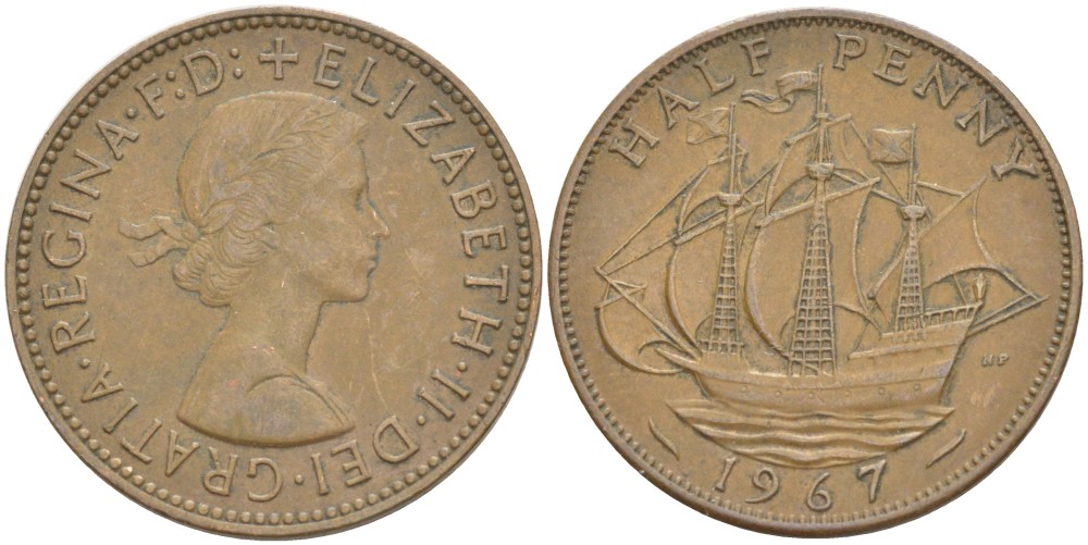 Великобритания 1/2 пенни 1967 Елизавета II (1952-2022) KM 896, Spink 4158 бронза 4544-211