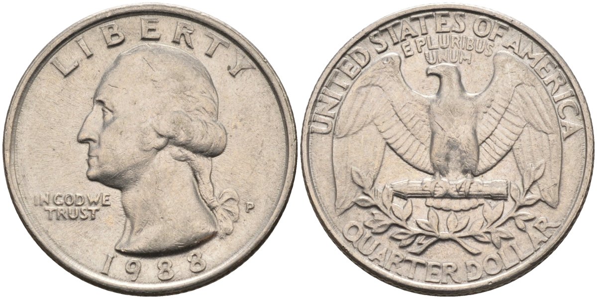 США 25 центов = квотер 1988 P, Вашингтон KM A164a медь плакированная медно-никелем 4584-1246